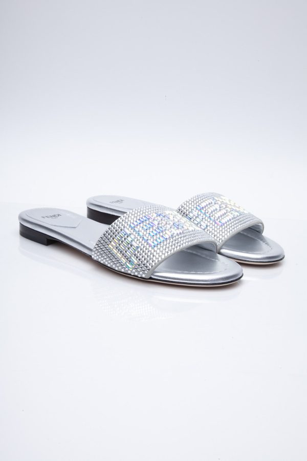 FENDI Signature Crystal-Embellished Slides 37.5 (New) For Sale