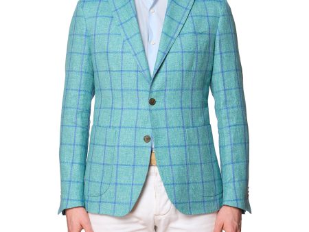 SARTORIA PARTENOPEA Turquoise Windowpane Linen-Wool-Silk Jacket EU 54 NEW US 44 Current Model Discount