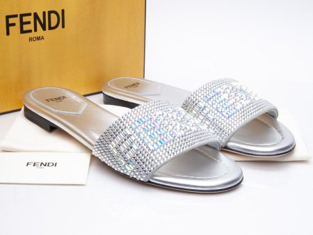 FENDI Signature Crystal-Embellished Slides 37.5 (New) For Sale