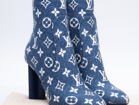 LOUIS VUITTON Navy Blue Denim Monogram Silhouette Ankle Boots 36.5 Cheap