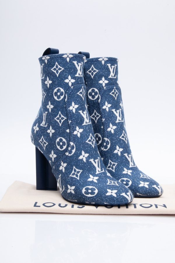 LOUIS VUITTON Navy Blue Denim Monogram Silhouette Ankle Boots 36.5 Cheap