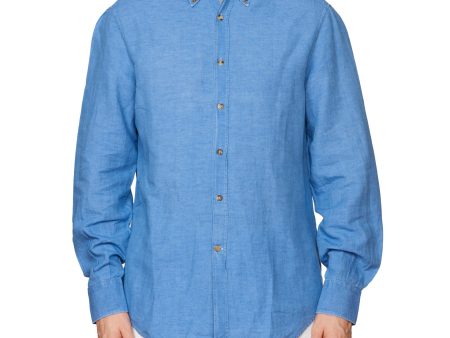 BRUNELLO CUCINELLI Blue Linen-Cotton Button-Down Casual Shirt Size M Basic Fit on Sale