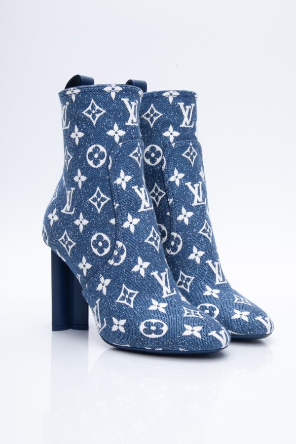 LOUIS VUITTON Navy Blue Denim Monogram Silhouette Ankle Boots 36.5 Cheap