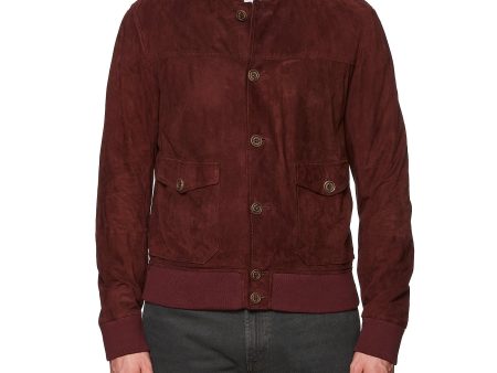 BRUNELLO CUCINELLI Burgundy Suede Leather Unlined Flight Bomber Jacket Size L Supply