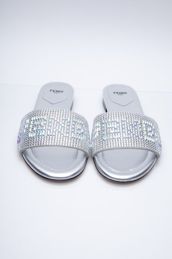 FENDI Signature Crystal-Embellished Slides 37.5 (New) For Sale