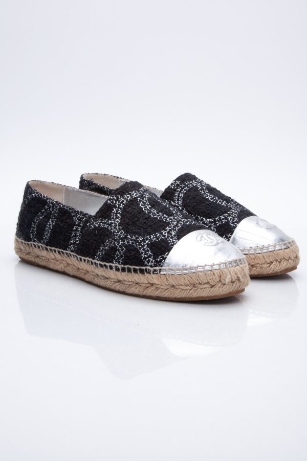 CHANEL Black Silver CC Espadrilles 41 on Sale