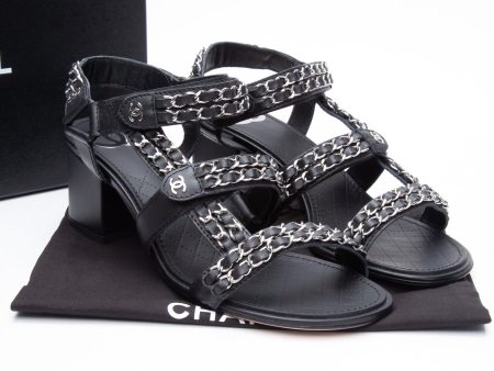 CHANEL Black Leather Chain Link Details Sandals 39.5 Discount