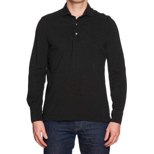 LUIGI BORRELLI LV Black Pique Cotton Garment Dyed Long Sleeve Polo Shirt EU 48 US S For Discount