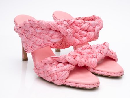 BOTTEGA VENETA Pink Blossom Raffia Twisted Intrecciato Strech Mule Sandals 37 on Sale