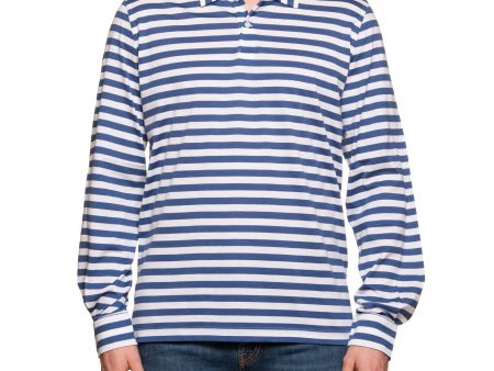 FEDELI  Florida  Blue Striped Cotton Jersey Long Sleeve Polo Shirt EU 56 NEW US 2XL Online Sale