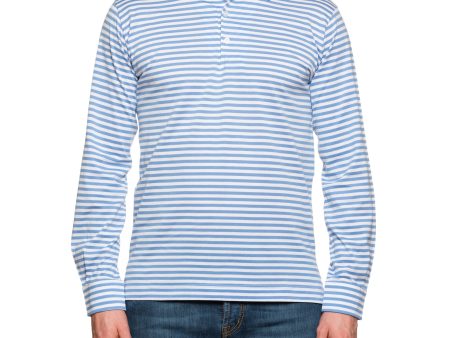 FEDELI  Libeccio  Blue Striped Cotton Light Jersey Long Sleeve Polo Shirt 54 NEW US XL Cheap