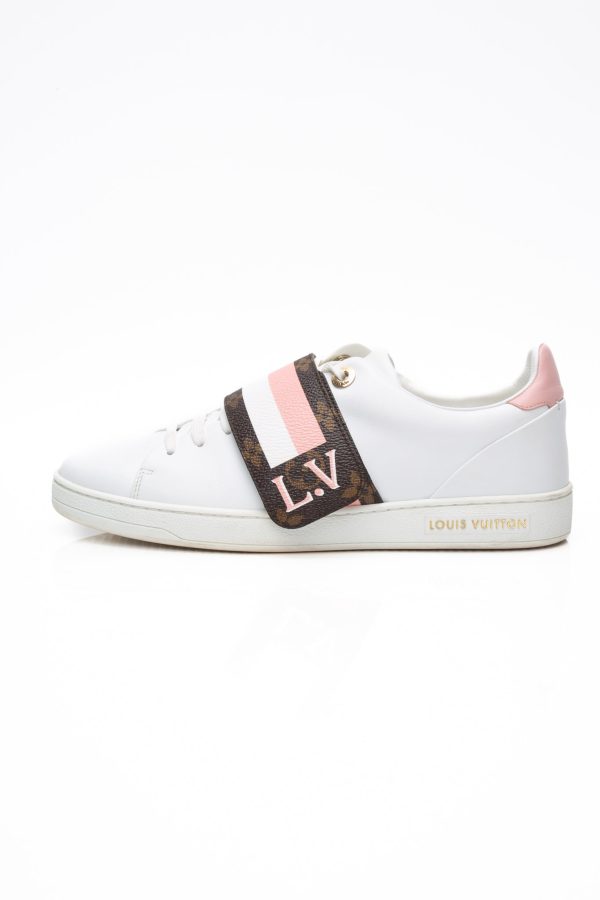 LOUIS VUITTON White Calfskin Monogram Striped Frontrow Sneakers 37.5 For Sale