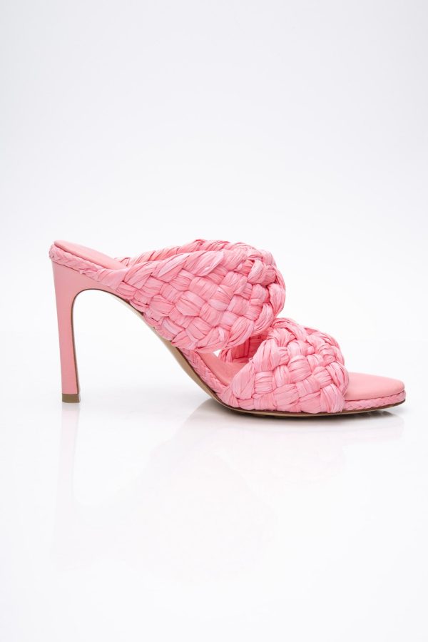 BOTTEGA VENETA Pink Blossom Raffia Twisted Intrecciato Strech Mule Sandals 37 on Sale