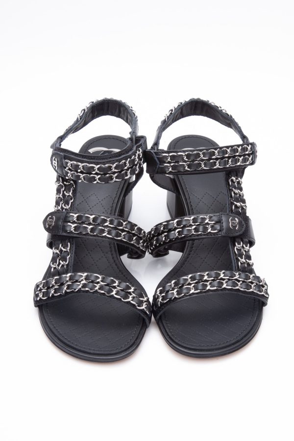 CHANEL Black Leather Chain Link Details Sandals 39.5 Discount