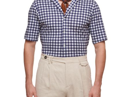 SARTORIO Napoli by KITON Blue Gingham Plaid Cotton Short Sleeve Casual Shirt NEW Online