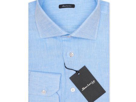 SARTORIO Napoli by KITON Light Blue Linen Spread Collar Shirt Slim Fit NEW Online Sale