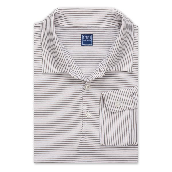 FEDELI  Libeccio  Gray Striped Cotton Jersey Long Sleeve Polo Shirt EU 58 NEW US 3XL Online Hot Sale