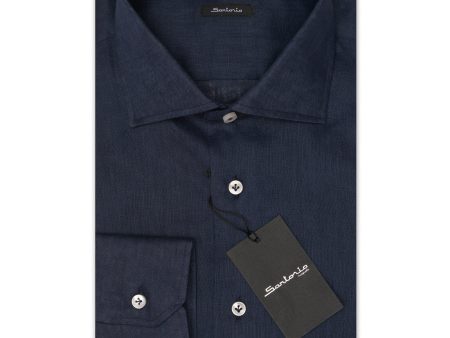 SARTORIO Napoli by KITON Midnight Blue Linen Spread Collar Shirt Slim Fit NEW Supply