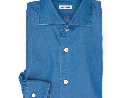 KITON Napoli Handmade Blue Denim Cotton Shirt EU 39 NEW US 15.5 Hot on Sale