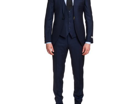 CANALI 1934 Navy Blue Jacquard Wool-Silk 1 Button 3 Piece Suit EU 50 US 40 Slim Fit For Cheap