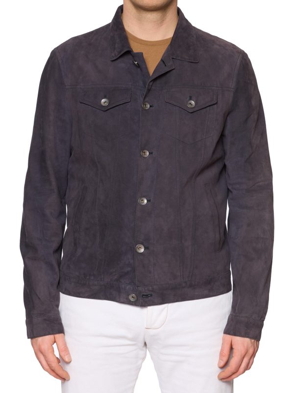 BRUNELLO CUCINELLI Gray-Blue Suede Trucker Leather Jacket Size L Slim Online now