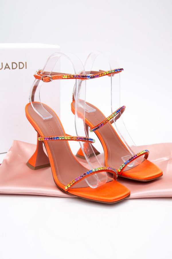 AMINA MUADDI Orange Gilda Embellished Satin Sandals 38 Online Sale