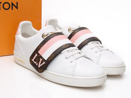 LOUIS VUITTON White Calfskin Monogram Striped Frontrow Sneakers 37.5 For Sale