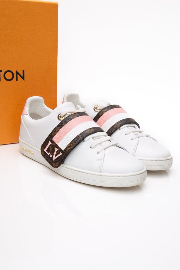 LOUIS VUITTON White Calfskin Monogram Striped Frontrow Sneakers 37.5 For Sale