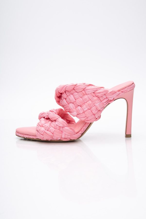 BOTTEGA VENETA Pink Blossom Raffia Twisted Intrecciato Strech Mule Sandals 37 on Sale